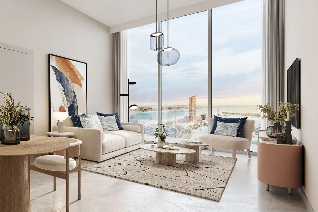 Living room with full height windows